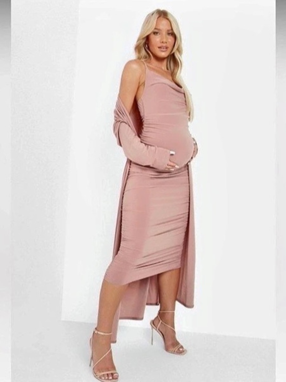 Boohoo Pink Maternity Strappy Cowl Neck MIDI Dress And Duster Coat Set